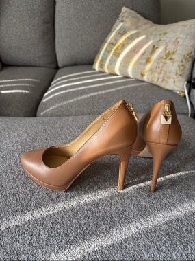 Women's Camel High Heel Pumps with Gold Accent